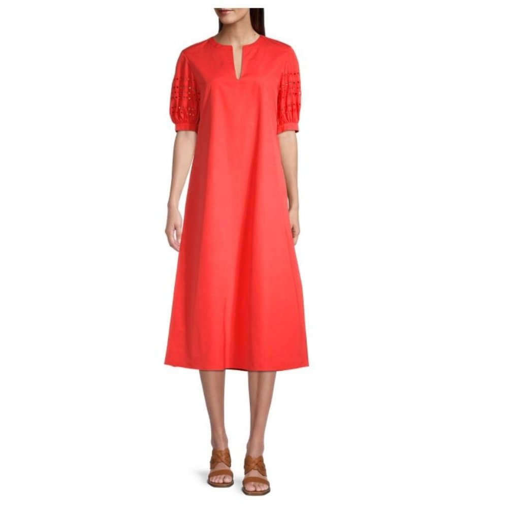 Lafayette 148 New York Miriam Persimmon Eyelet Puff Sleeve  Dress M